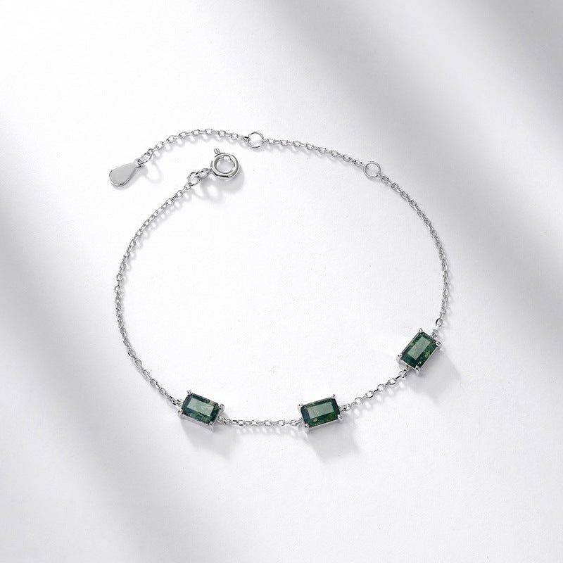New Natural Aqua Grass Agate Bracelet S925 Silver Set Green Moss Stone Bracelet Simple Light Luxury Niche All-Match - Image 4